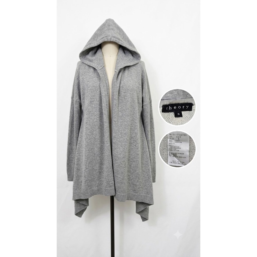Theory‎ Womens S Gray Jizelle Cashcotton Cashmere Open Front Hooded Cardigan